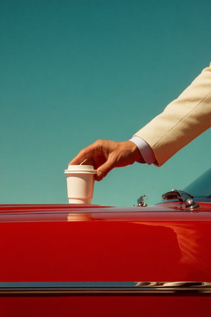 Hand greift nach Kaffeebecher auf rotem Auto